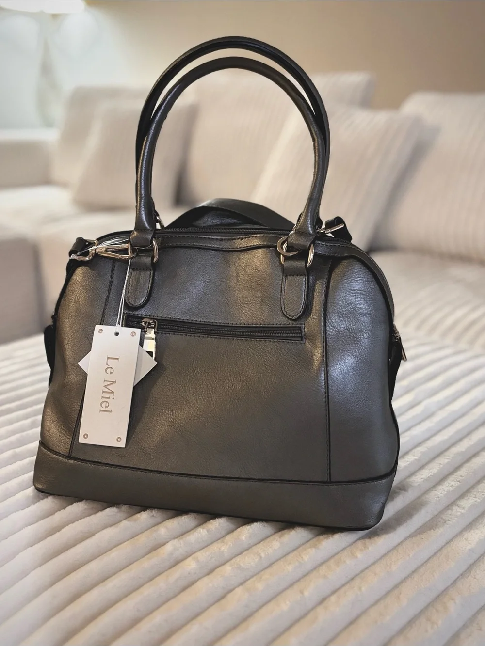 LA MIEL Grey Moto-Style Satchel with Belt Detail